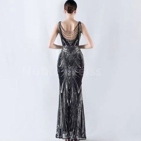 Black, Draped Skirt, Beaded Back,  V Neck,  Sleeveless, Sequined Mermaid… - Picture 14 of 16